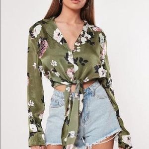 MISSGUIDED green floral print tie front blouse